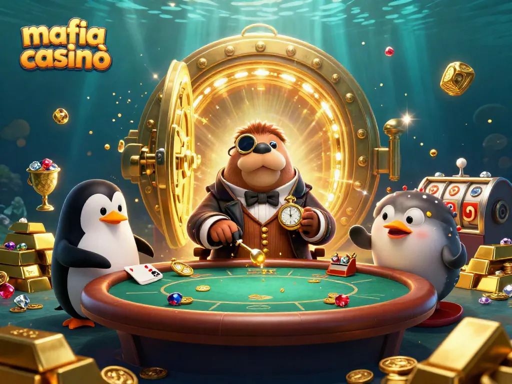 Mafia casinò underwater poker scene with whimsical characters, gold treasures, and dynamic slot elements