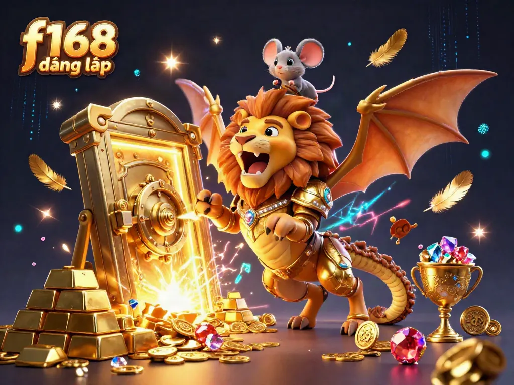 Join the adventure with f168 đăng nhập, featuring a fierce chimera and a brave mouse jockey amidst golden treasures and enchanting lights.