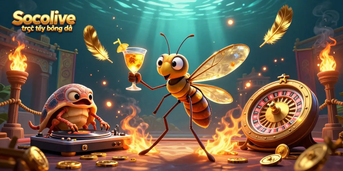 Socolive trực tiếp bóng đá showcases an animated scene with a casino theme featuring unique characters and dynamic elements.