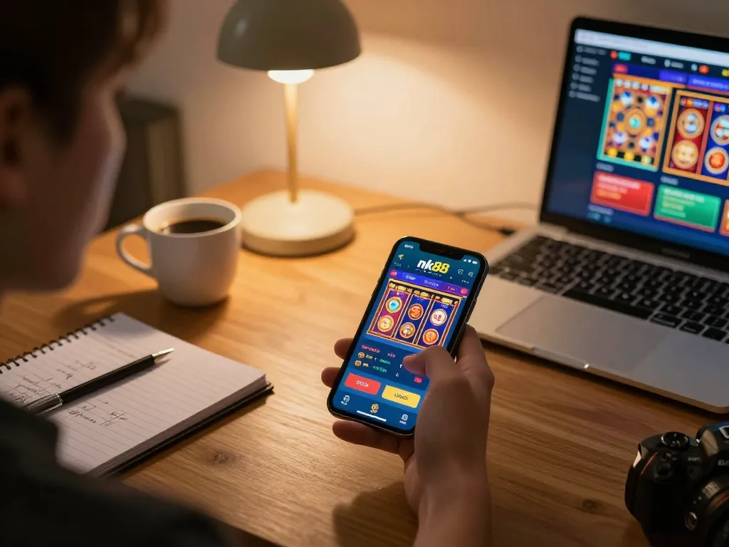 Player explores nk88 casino app at home, engaging with mobile games and strategies.