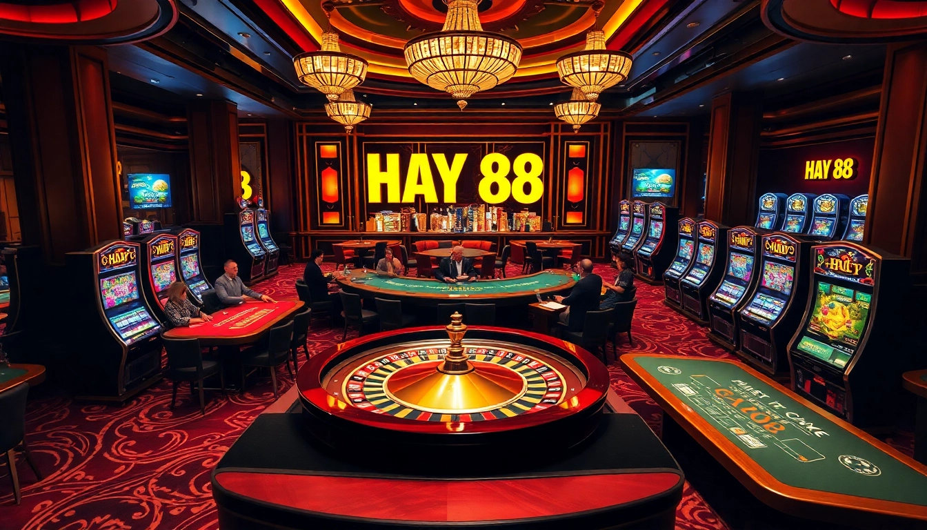 Players enjoying the thrill of HAY 88 casino games surrounded by vibrant slot machines and roulette wheels.