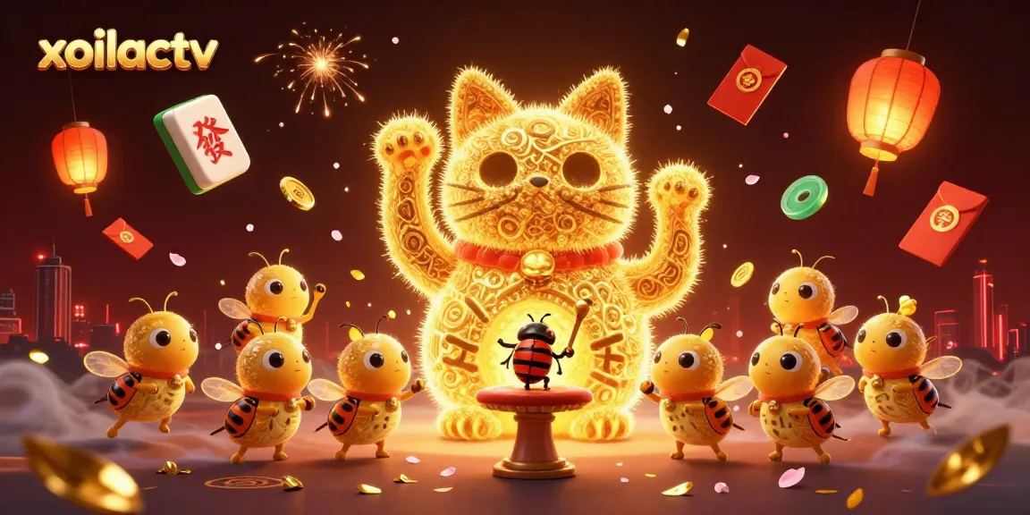 Experience rich game action with xoilactv's vibrant golden lucky cat and celebratory elements.