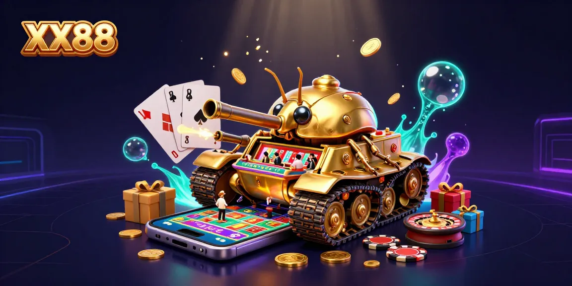 Experience excitement at XX88 with a lively casino scene featuring a golden beetle tank and dynamic game elements.
