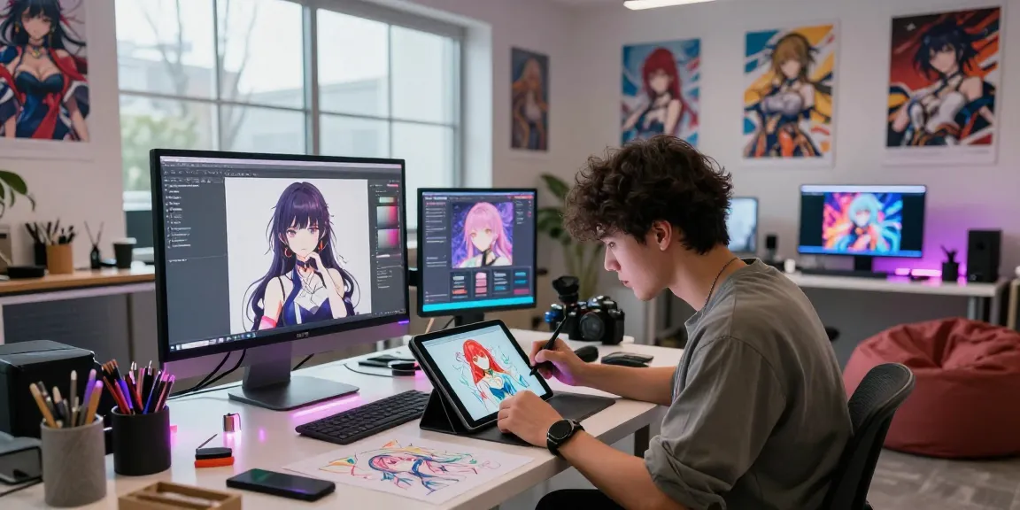 Immersive scene featuring an artist designing hentai characters for AI hentai chat.