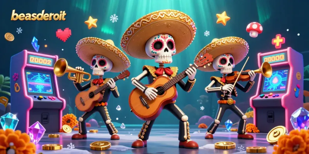 Engage in vibrant beasdetroit gaming with a lively mariachi band amid dynamic casino elements.