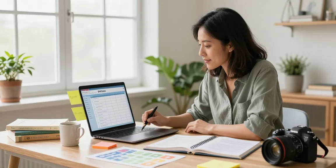 Teacher planning lessons with EMStudio online teacher planner in a bright home office, showcasing classroom management application features.