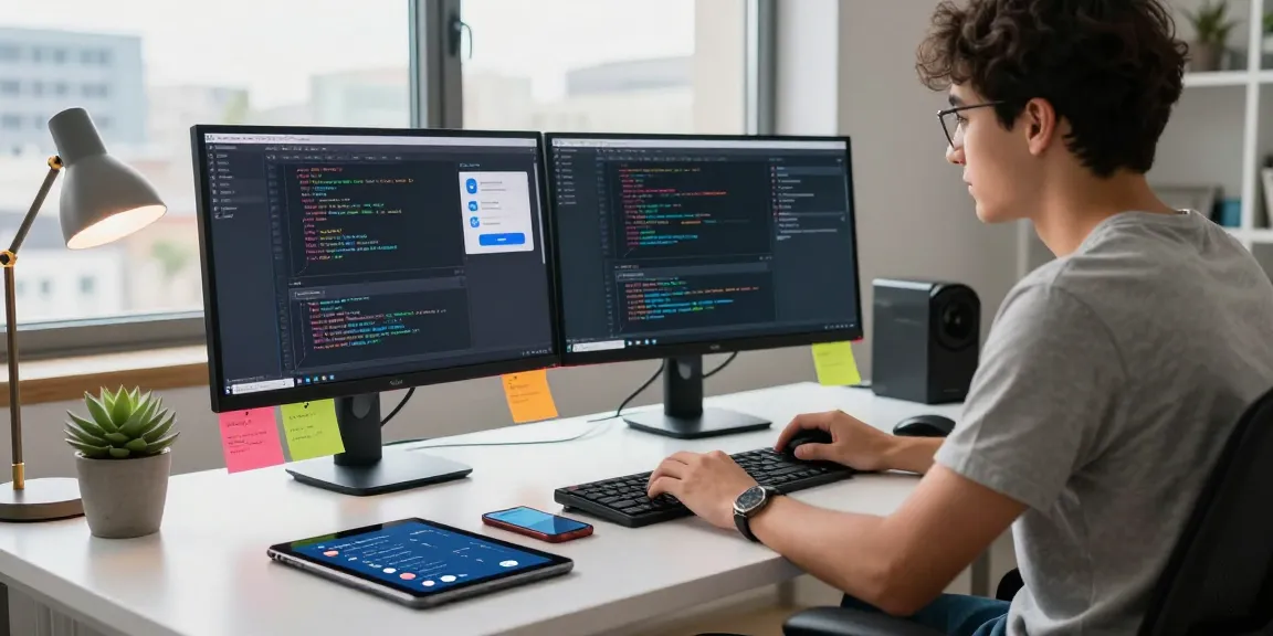 Young developer coding the Telegram web version in a modern workspace.