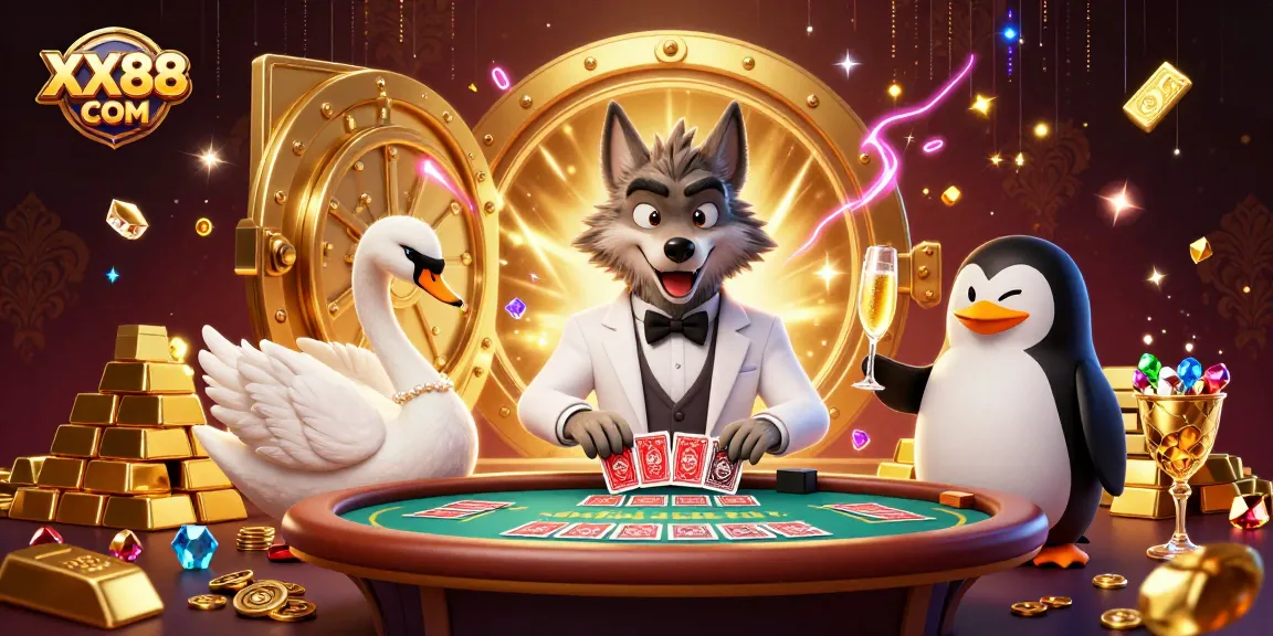 Play with excitement at XX88 COM featuring a debonair wolf and fortune elements in an immersive casino scene.
