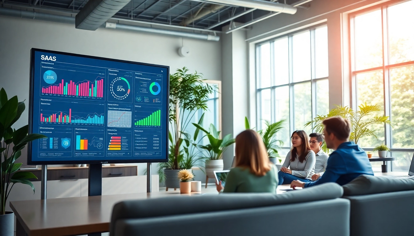 SaaS collaboration in a professional office setting with data visualizations on a screen
