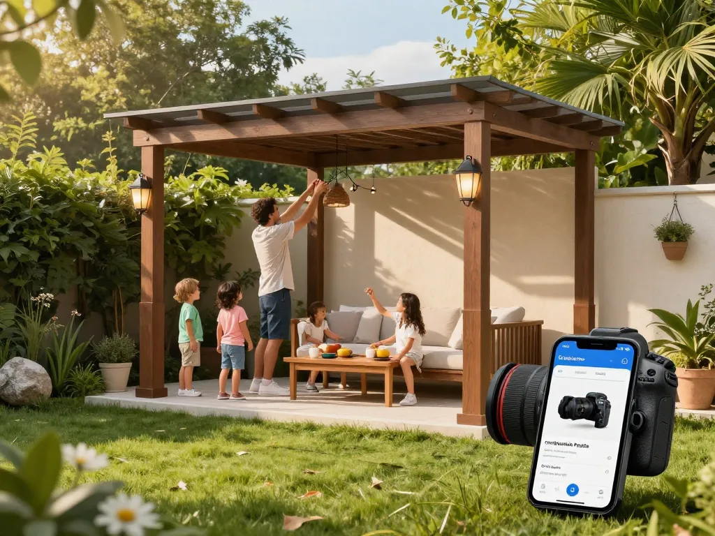 Family configuring their pergola online, enjoying a beautiful backyard setting with an assembled pergola.