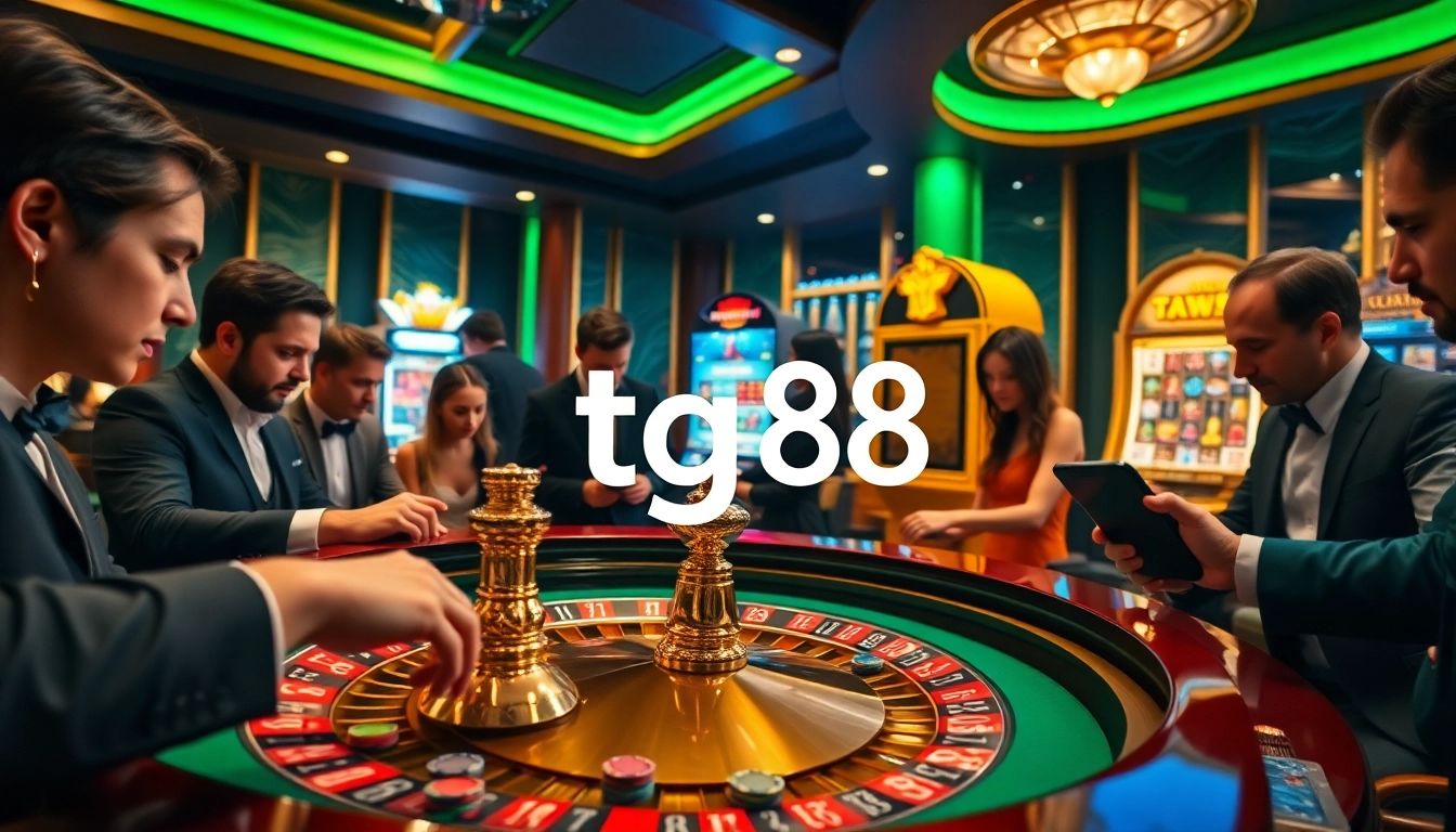 Players at a luxurious casino table interact with the tg88 online gaming interface, poised for action.