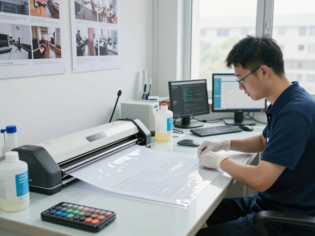 Expert technician demonstrating cách bóc giấy tờ đã ép plastic safely and effectively in a professional workspace.